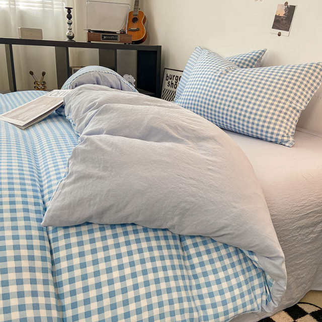 Sea salt flavor soft girl style double layer yarn sheets washing cotton four-piece set milky blue plaid student dormitory three-piece set