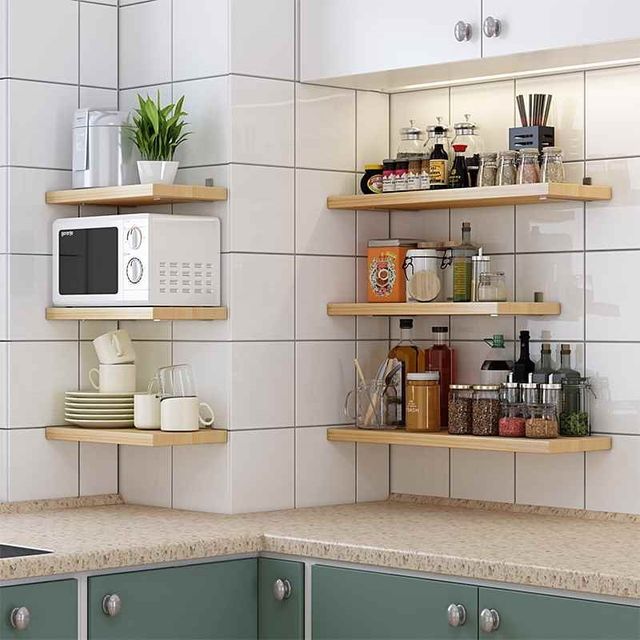 46N free punch-free wall storage rack kitchen partition solid wood one-line shelf wall S bookshelves wall hanging bathroom storage
