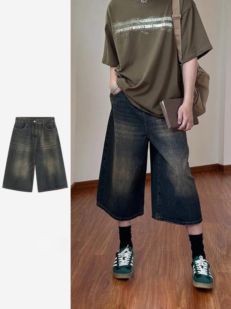 SUMMER AMERICAN RETRO WIDE-LEG DENIM SHORTS MENS WASHED DISTRESSED CROPPED PANTS HIGH STREET LOOSE STRAIGHT-LEG MEDIUM PANTS