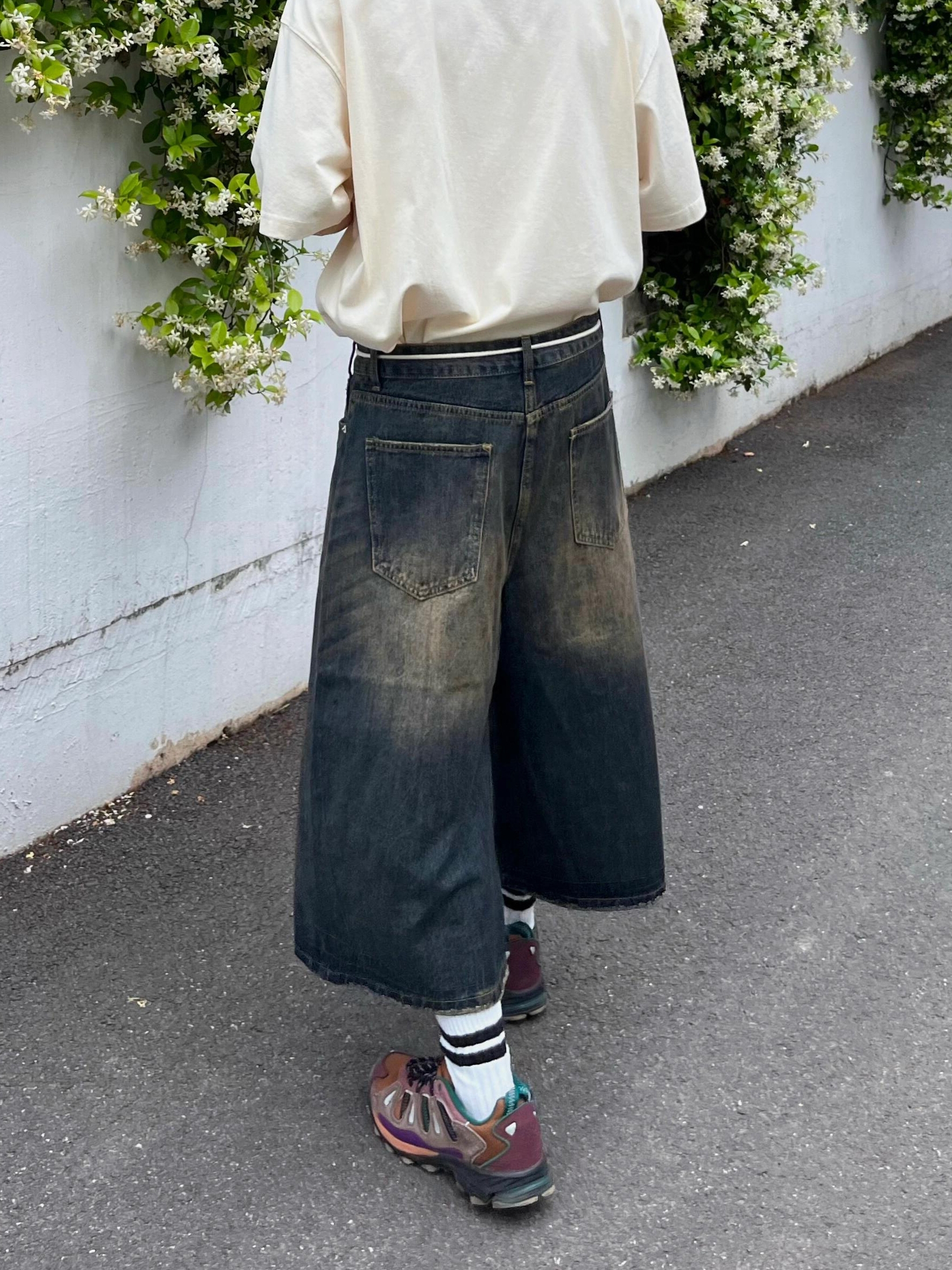 SUMMER AMERICAN RETRO WIDE-LEG DENIM SHORTS MENS WASHED DISTRESSED CROPPED PANTS HIGH STREET LOOSE STRAIGHT-LEG MEDIUM PANTS