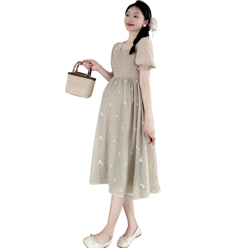 PREGNANT WOMEN SUMMER DRESS SMALL MAN 2024 NEW HIGH WAIST EMBROIDERY TEA BREAK MIDI LENGTH MATERNITY DRESS SUMMER