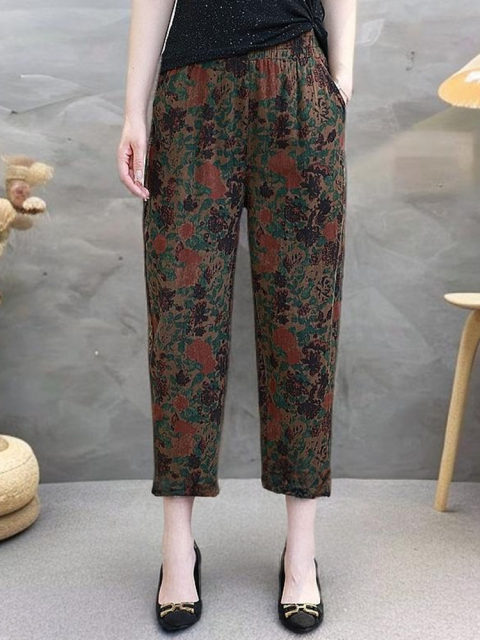 Summer thin cotton and linen slim print cropped pants middle-aged mother's fashionable large size elastic waist versatile trousers