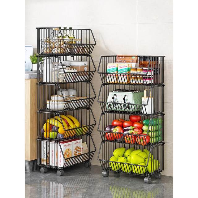 Vegetable basket kitchen storage rack against the wall and floor-to-ceiling multi-layer vegetable and fruit countertop corner storage supplies household push cart