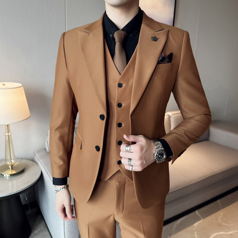 SPRING NEW MENS KOREAN VERSION SLIM DOUBLE-BUTTON SUIT SET STRETCH BUSINESS PROFESSIONAL SUIT SMALL SUIT THREE-PIECE SUIT