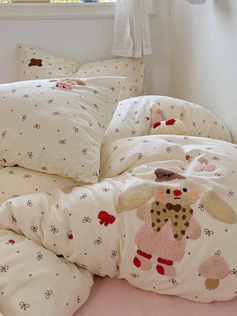 Glutinous Jiji Double Layer Yarn Pure Cotton Four-Piece Set Cartoon Towel Embroidered 100% Full Cotton Quilt Cover Three-Piece Set 1.5-meter Bed Sheet