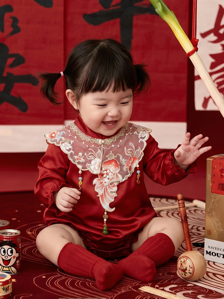 婴儿旗袍包屁衣秋装百天周岁礼服女宝宝衣服春秋季幼儿真丝连体衣