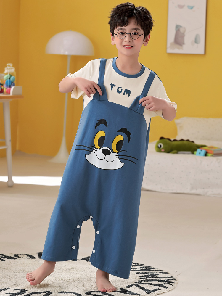 SUMMER NEW COTTON BOYS PAJAMAS CUTE CARTOON JINGLE BELL ONE-PIECE SKIRT SHORT SLEEVE MEDIUM AND BIG CHILDRENS LOUNGEWEAR SET