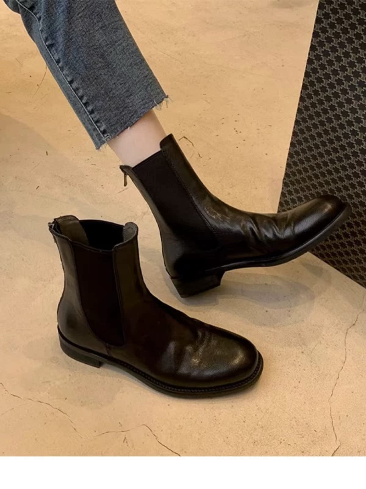 COWHIDE CHELSEA BOOTS AUTUMN WINTER LEATHER VINTAGE DISTRESSED PLEATED BOOTS FRIED STREET BOOTIES THICK-SOLED CHIMNEY MARTIN BOOTS
