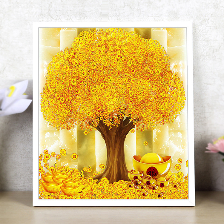 새로운 전체 다이아몬드 페인팅 거실 머니 트리 골드 잉곳 골드 트리 도트 다이아몬드 크로스 스티치 현대 레스토랑 벽돌 자수