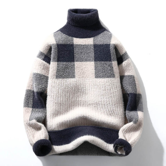 Imitation mink velvet men's sweater and thread casual and versatile trendy plaid contrast color base warmth thickened turtleneck pullover