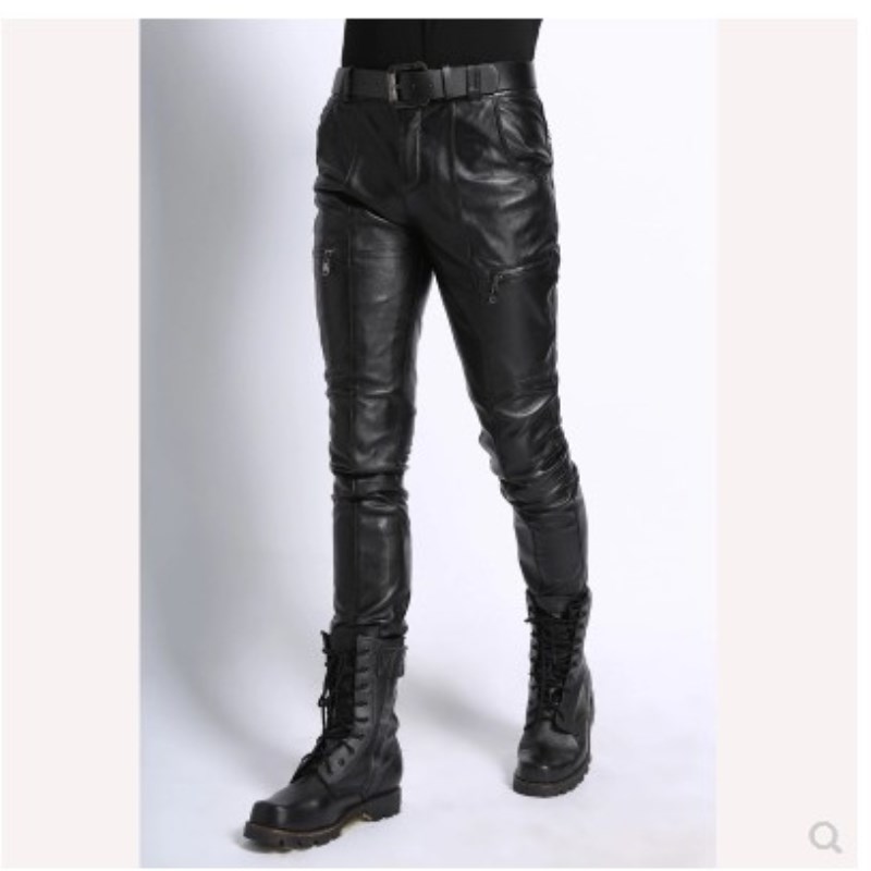 MENS LEATHER LEATHER PANTS SHEEPSKIN MOTORCYCLE MOTORCYCLE KOREAN SLIM FIT WARM LOOSE HIGH WAIST PLUS SIZE AUTUMN WINTER HENIN