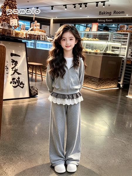 女童春秋装上衣套装2026新款女大童时尚波点外套休闲阔腿裤两件套 — 3