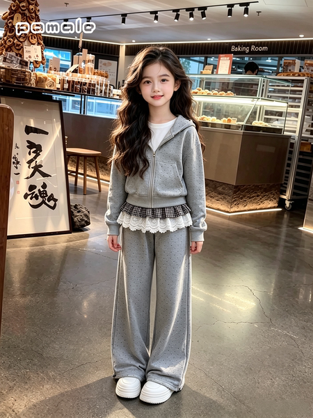 女童春秋装上衣套装2026新款女大童时尚波点外套休闲阔腿裤两件套