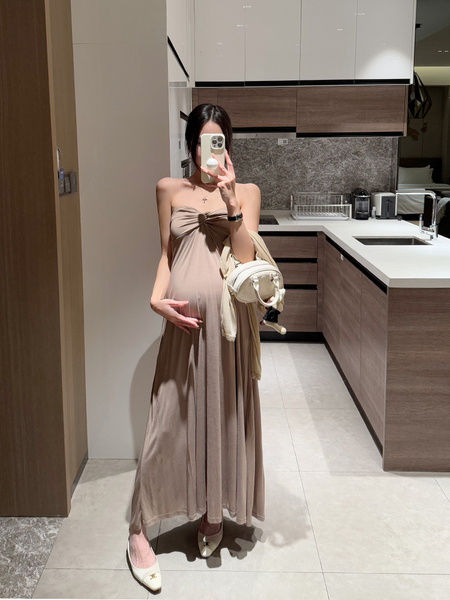 金色的茧 孕期洋气孕妇装新款孕妈连衣裙女夏辣妈法式礼服抹胸裙 — 2