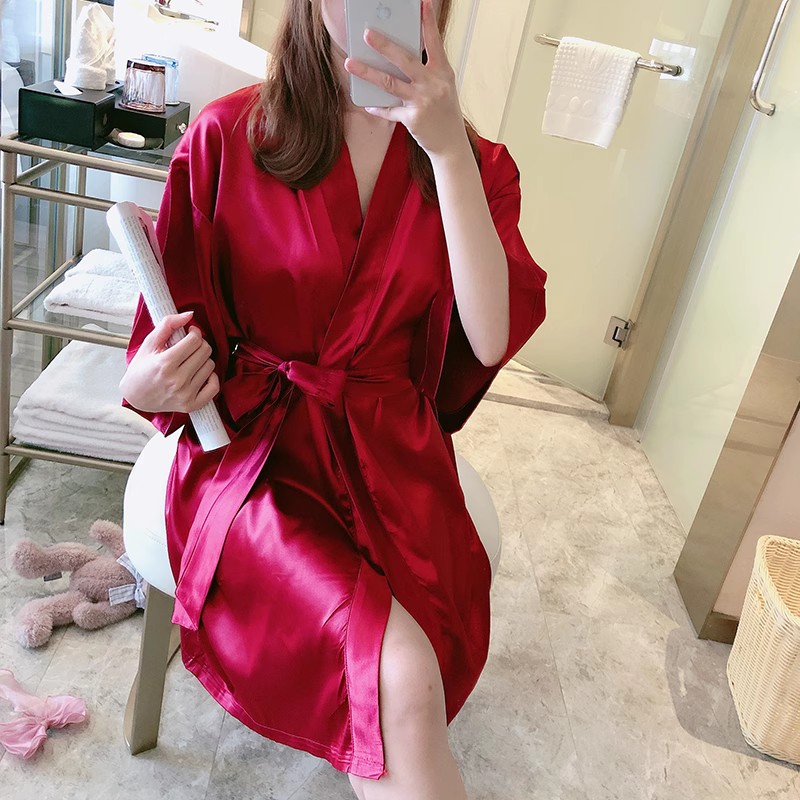 2023 NEW PAJAMAS WOMENS SUMMER ICE SILK THIN BOYFRIEND STYLE PREMIUM NIGHTDRESS SEXY KIMONO BATHROBE APRICOT COLOR