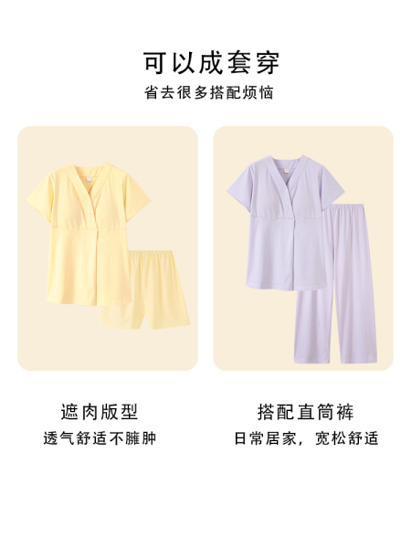 月子服夏季纯棉薄款吸汗产后带胸垫孕妇睡衣短袖喂奶哺乳睡衣孕期 — 2