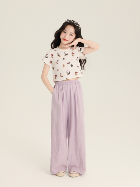 Amybaby女童裤子夏季2026新款慵懒风纯色简约百搭宽松阔腿裤 — 2