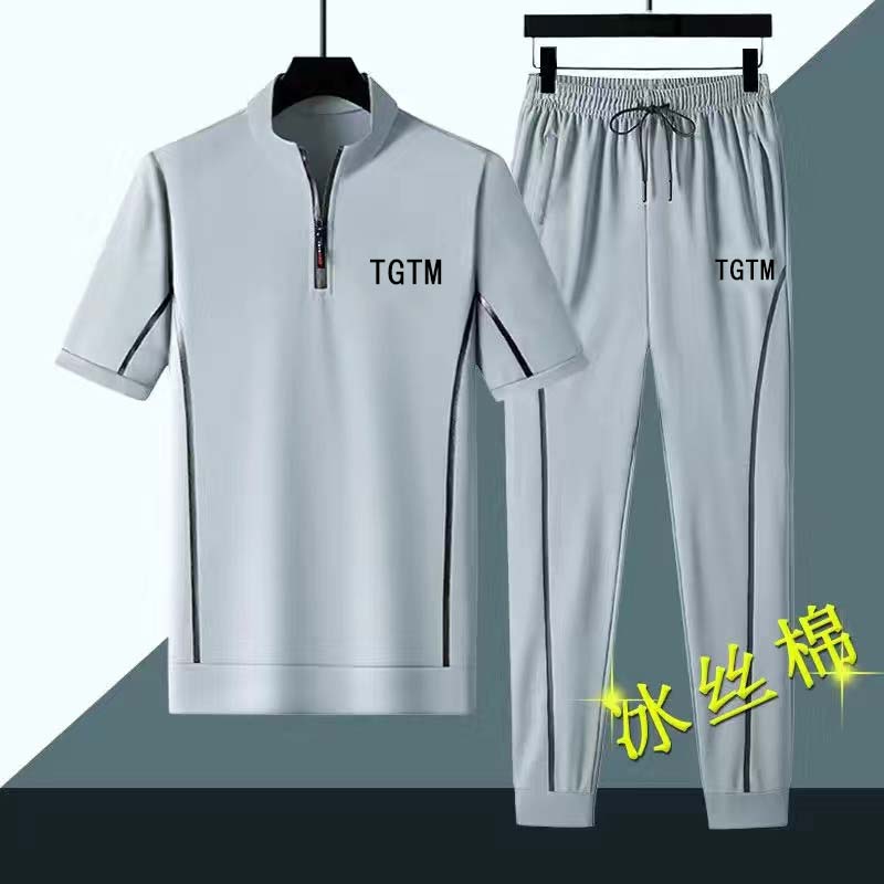 SUMMER ICE SILK BREATHABLE SUIT MENS THIN SHORT SLEEVE T-SHIRT MENS KOREAN TREND PLUS SIZE CASUAL SPORTS TWO-PIECE SET