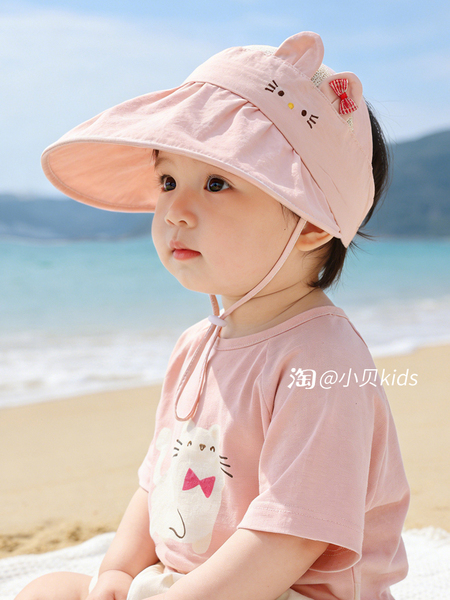 婴儿遮阳帽宝宝防晒帽夏季儿童帽子女童空顶帽网眼透气男童大帽檐 — 4