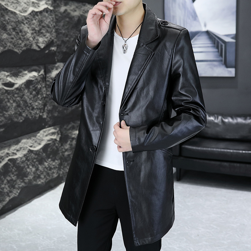 SPRING AND AUTUMN MID-LENGTH SUIT LEATHER JACKET MENS KOREAN VERSION SLIM AND HANDSOME WHITE SUIT COLLAR WINDBREAKER PU LEATHER CASUAL JACKET