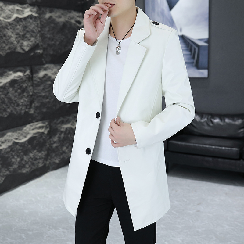 SPRING AND AUTUMN MID-LENGTH SUIT LEATHER JACKET MENS KOREAN VERSION SLIM AND HANDSOME WHITE SUIT COLLAR WINDBREAKER PU LEATHER CASUAL JACKET