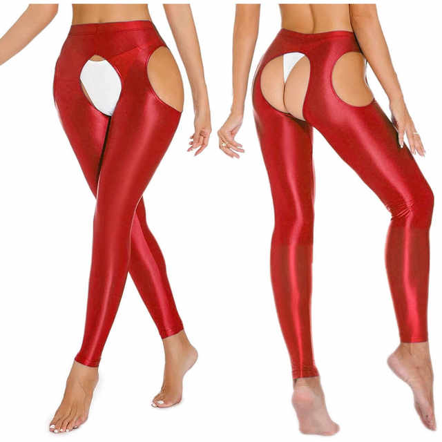 Men and women couples large size four-sided open-stage hollow sexy trousers candy color oily and smooth leather stockings