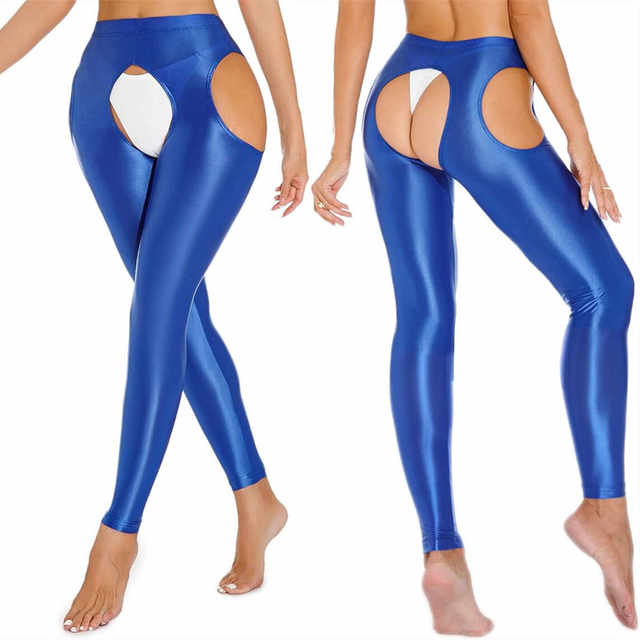 Men and women couples large size four-sided open-stage hollow sexy trousers candy color oily and smooth leather stockings