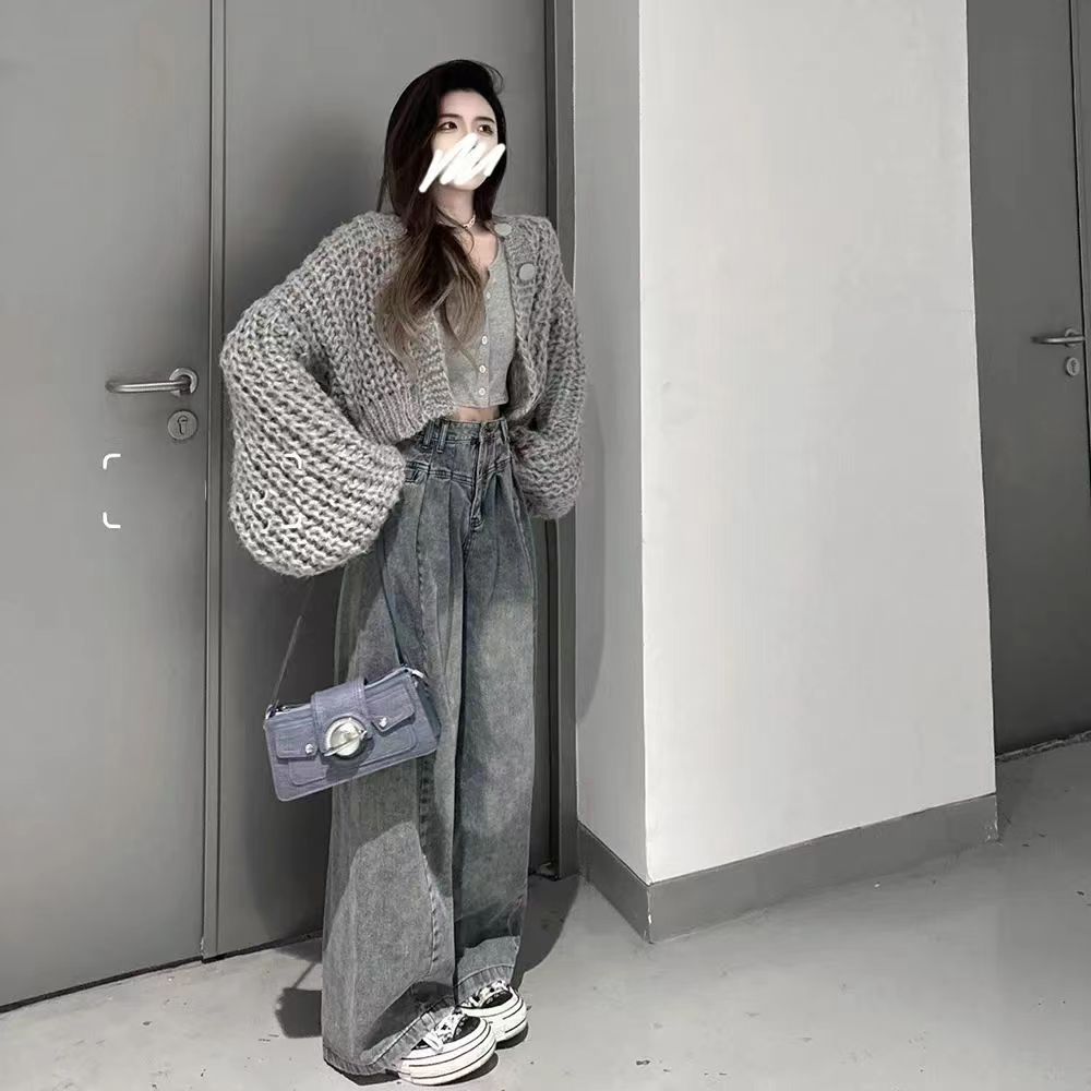 AMERICAN RETRO HIGH STREET LAZY LOOSE WIDE-LEG JEANS WOMENS SPRING AND AUTUMN HIGH-WAISTED STRAIGHT-LEG PANTS A THIN DRAPE AND MOP PANTS