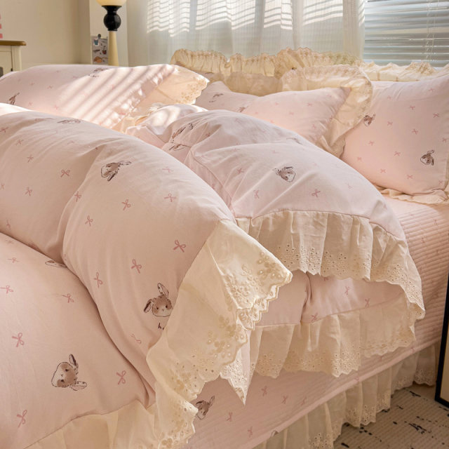 Princess style cartoon washing cotton four-piece set double-layer quilt cover girl heart sheet bed cover three-piece set non-full cotton