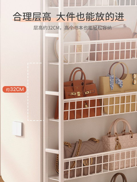 The bag storage artifact behind the door is built against the wall and floor-to-ground multi-layer ultra-thin joint display rack for bag storage rack