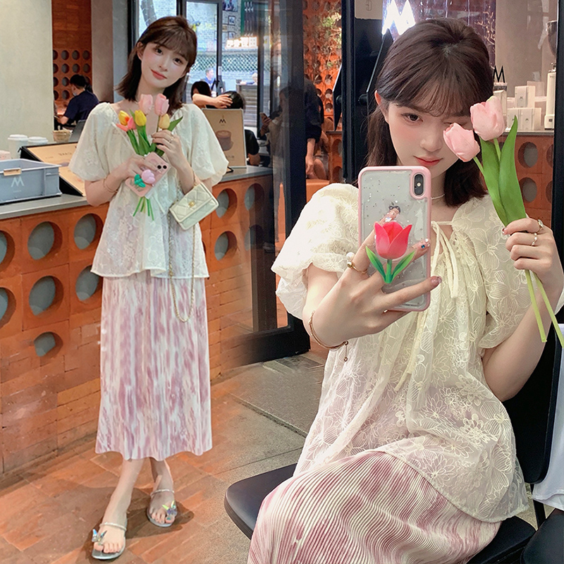 출산복 여름 정장 멋쟁이 쉬폰 인터넷 연예인 베이비돌 탑 캐주얼 여름 얇은 스커트 투피스 세트