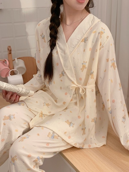 皱皱棉纱月子服夏季薄款产后带胸垫哺乳孕妇睡衣春秋9月份8家居服