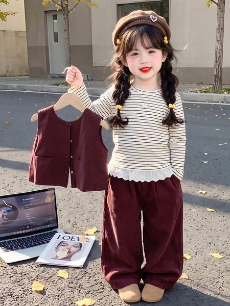 女童洋气宽松春秋季条纹阔腿裤三件套宝宝超好看休闲韩系套装时髦 — 3