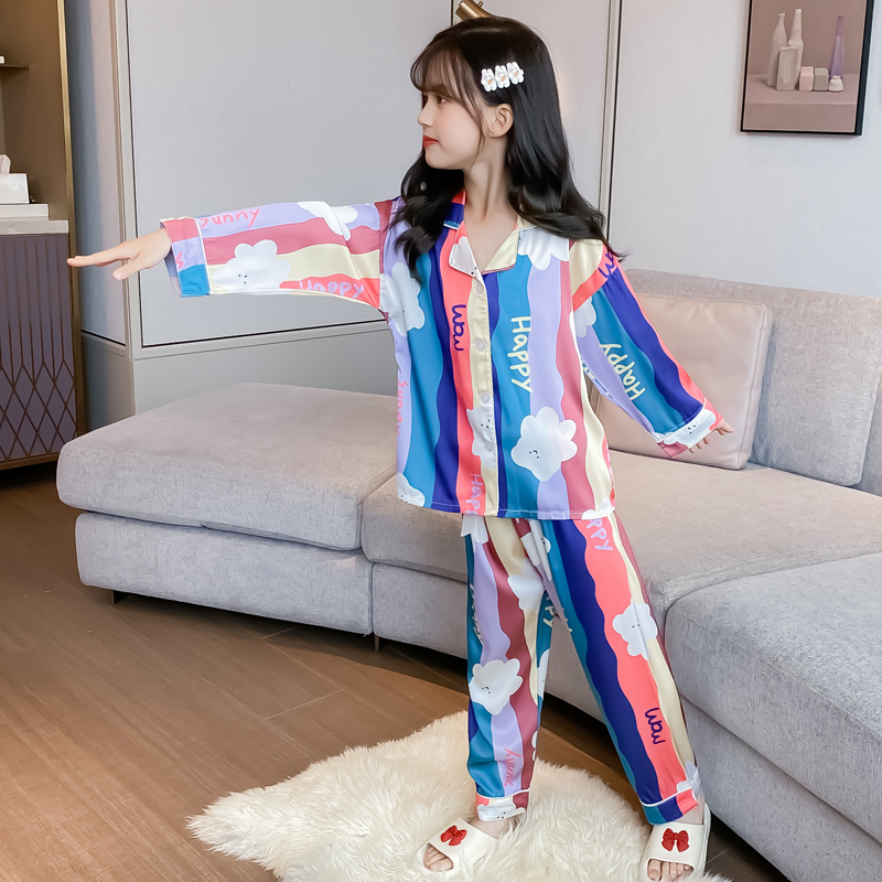 CHILDRENS PAJAMAS SUMMER CLOTHES THIN LITTLE GIRLS LONG-SLEEVED AIR-CONDITIONED CLOTHES MIDDLE AND LARGE CHILDRENS SUITS SPRING AND AUTUMN GIRLS ICE SILK HOME CLOTHES