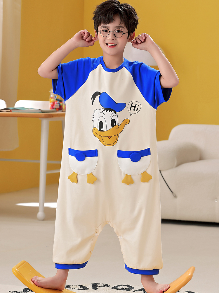 CHILDRENS PAJAMAS BOYS SUMMER COTTON KICK-PROOF QUILTS ONESIES SHORT SLEEVES LONG PANTS AIR-CONDITIONED CLOTHES BOYS BABY LOUNGEWEAR
