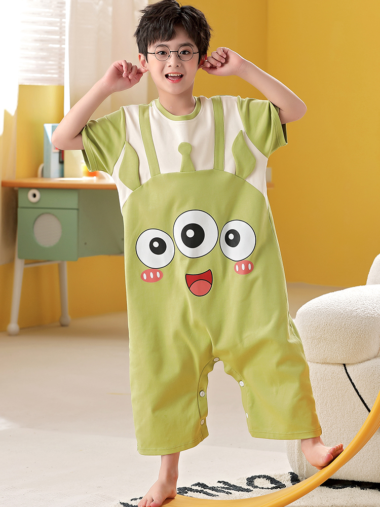 CHILDRENS PAJAMAS BOYS SUMMER COTTON KICK-PROOF QUILTS ONESIES SHORT SLEEVES LONG PANTS AIR-CONDITIONED CLOTHES BOYS BABY LOUNGEWEAR