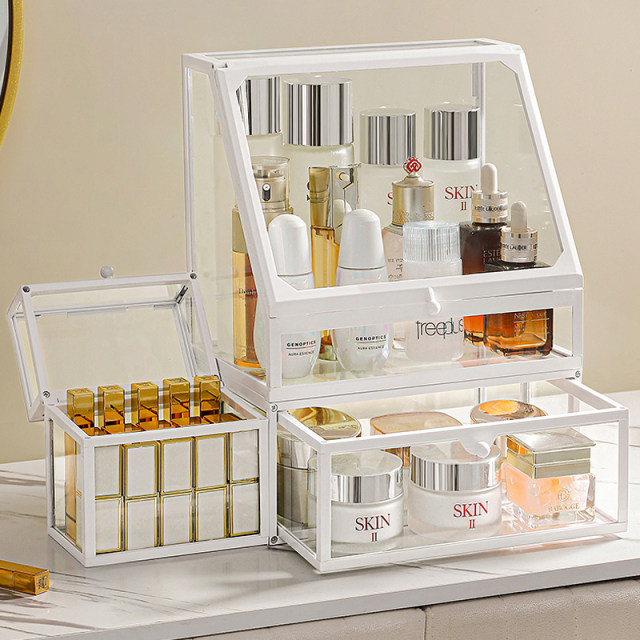Cosmetic storage box desktop finishing box dustproof large capacity glass drawer dressing table skin care product template