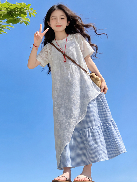 2026超火女童裙子套装夏季新款儿童夏装格子裙女孩大童薄款连衣裙