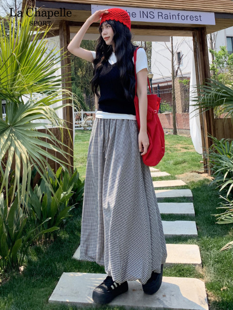 La Chapelle retro black and white plaid long skirt for women in summer loose hip-covering drooping skirt A-line skirt Y