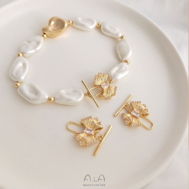 색상 보존 14K 금도금 지르콘 패션 보우 OT 버클 DIY 진주 목걸이 펜던트 버클 쥬얼리 액세서리