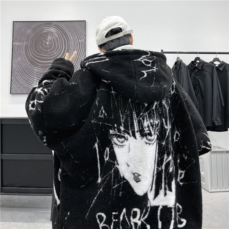 RIMAN TWO-DIMENSIONAL LAMB WOOL COAT MENS DARK BLACK FRIED STREET HIGH-QUALITY COTTON CLOTHES WINTER THICKENING COUPLES WEAR COTTON CLOTHES