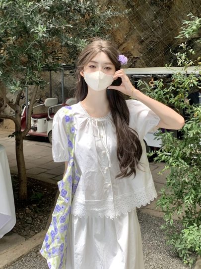 La Chapel Dopamine Lace Lace Short Top for Women's Summer French Doll Shirt Puff Short Sleeve Cotton and Line