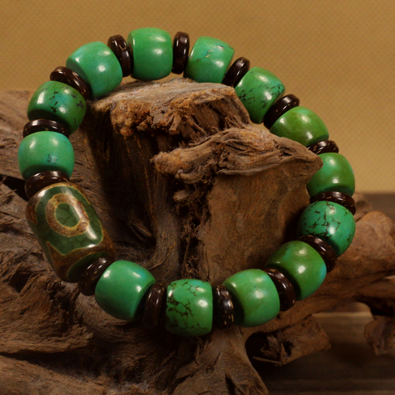 남성과 여성을 위한 세 눈 DZI 비즈 팔찌 원시 돌 비즈와 후베이 원시 광산 청록색 팔찌