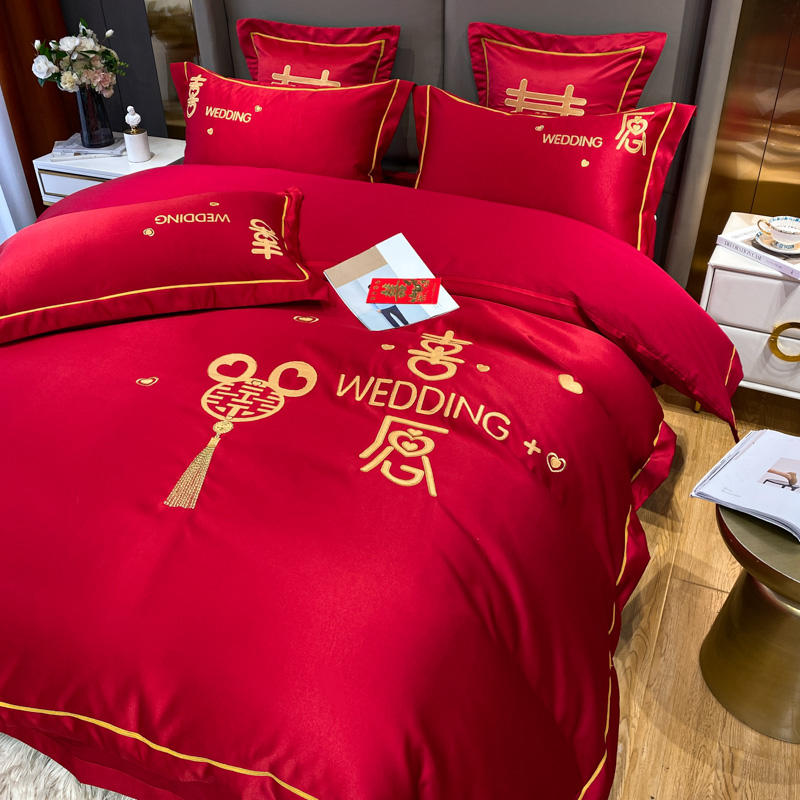 COTTON WEDDING FOUR-PIECE SET BIG RED EMBROIDERY COTTON WEDDING ROOM WEDDING QUILT BEDDING NEWLYWED KIT A COMPLETE SET