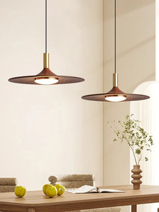 Vintage-Style Restaurant Pendant Light, Retro Three-Head Ufo Dining Table Bar Lamp, Japanese Wabi-Sabi Walnut Wood Grain