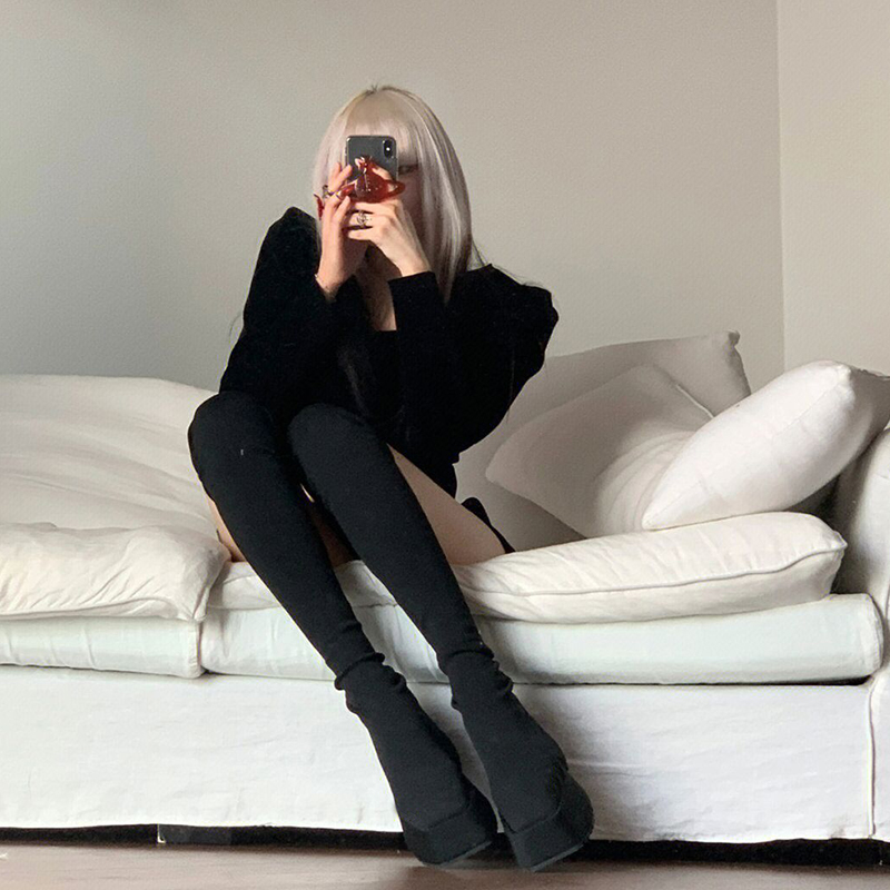 LOOK TALLER AND THINNER  INTERNET CELEBRITY THIN BOOTS ELASTIC SOCKS BOOTS RETRO SQUARE TOE MUFFIN THICK BOTTOM SUPER HIGH TUBE STOCKINGS OVER THE KNEE BOOTS