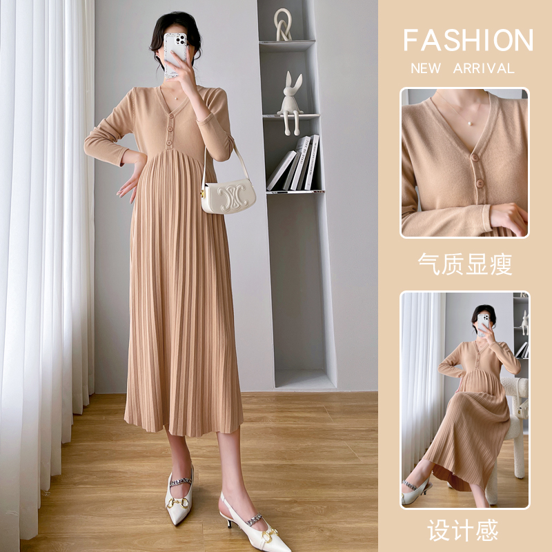 UK NEXT ROAD MATERNITY AUTUMN KNITTED DRESS LONG V-NECK TEMPERAMENT AUTUMN WINTER SWEATER WOMENS BELLY COVERING SKIRT