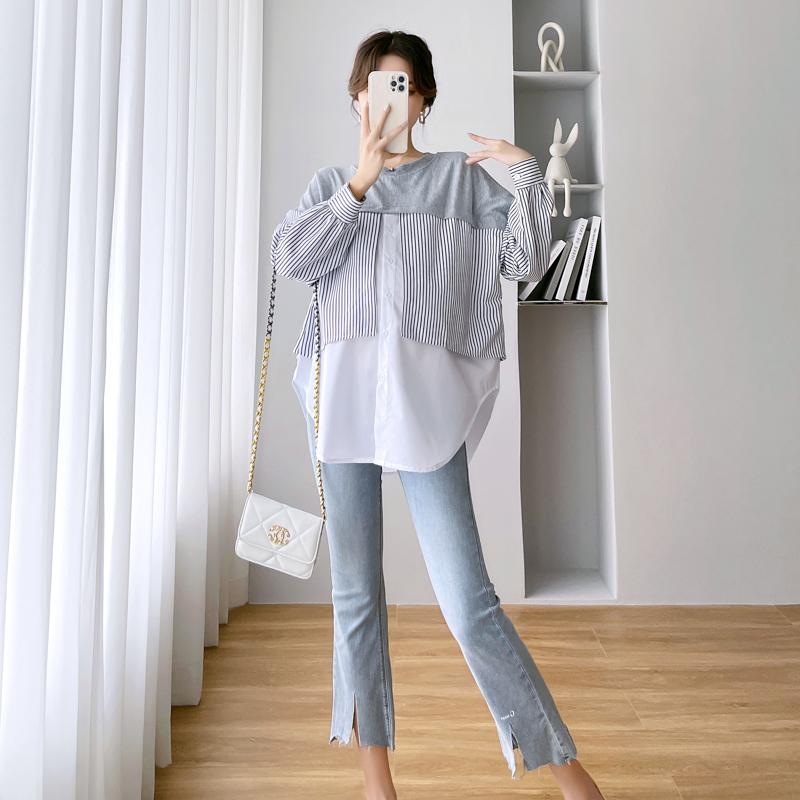 UK NEXT ROAD MATERNITY AUTUMN SHIRT MIDI LENGTH BELLY COVER LONG SLEEVED STRIPED TOP WOMENS AUTUMN FASHION