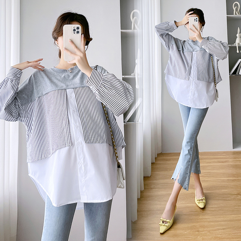 UK NEXT ROAD MATERNITY AUTUMN SHIRT MIDI LENGTH BELLY COVER LONG SLEEVED STRIPED TOP WOMENS AUTUMN FASHION
