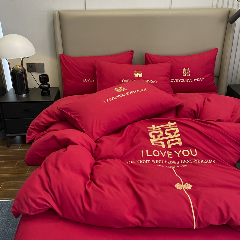 THE NEW SIMPLE DAXI EMBROIDERY WEDDING FOUR-PIECE SET OF HIGH-END SENSE WEDDING BED BRIDAL RED SHEETS AND QUILT COVER EIGHT-PIECE SET